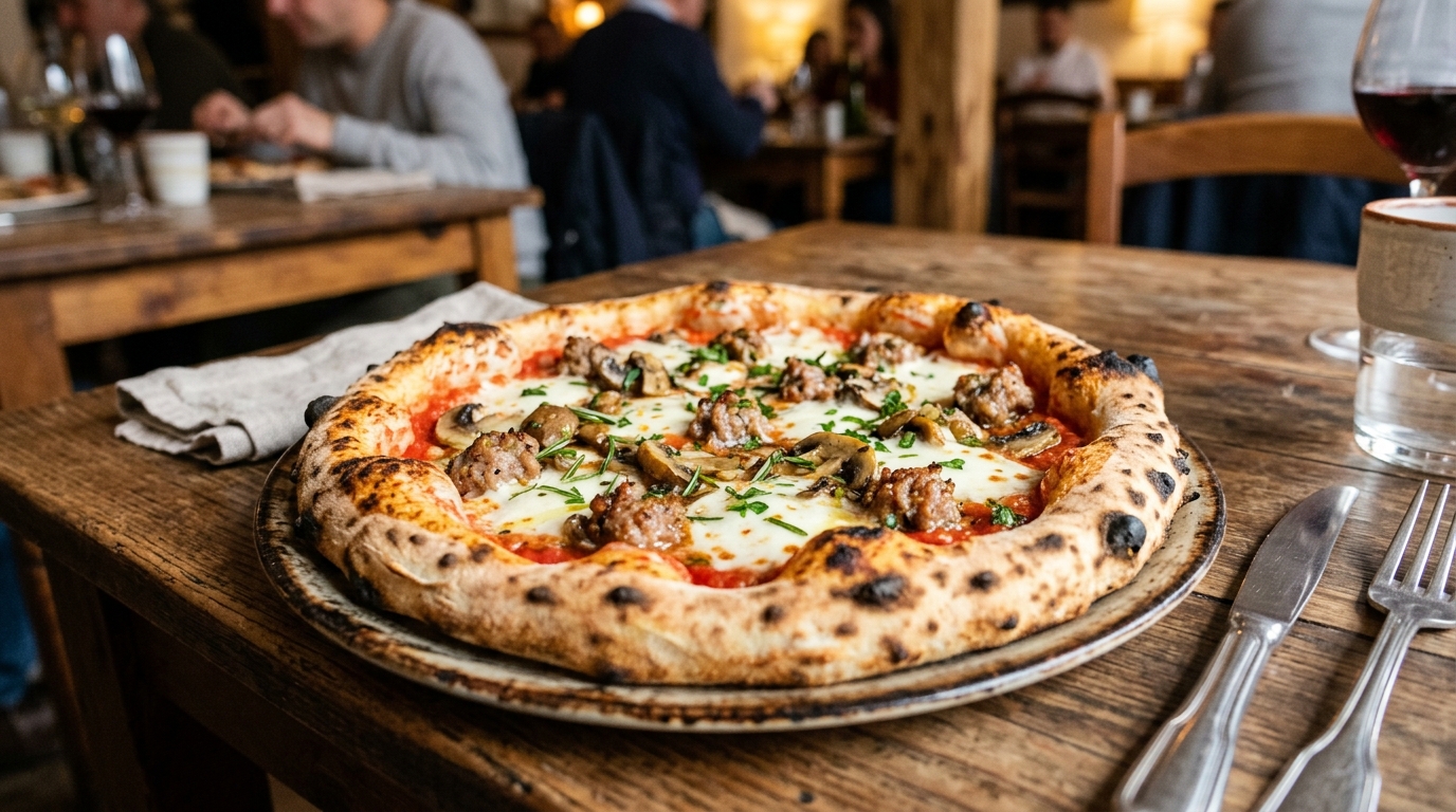 Pizza Funghi Trifolati e Salsiccia — Pilze und italienische Salsiccia